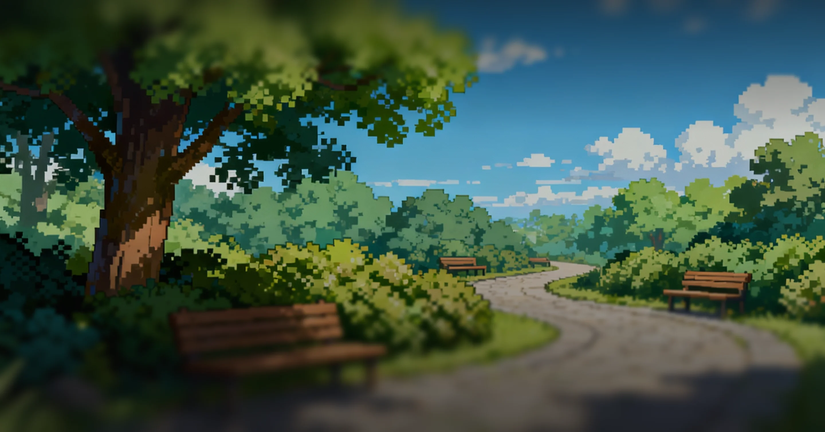 Pixel art style park scene with winding gravel path, green trees, bushes, and empty wooden benches under a blue sky with white clouds.