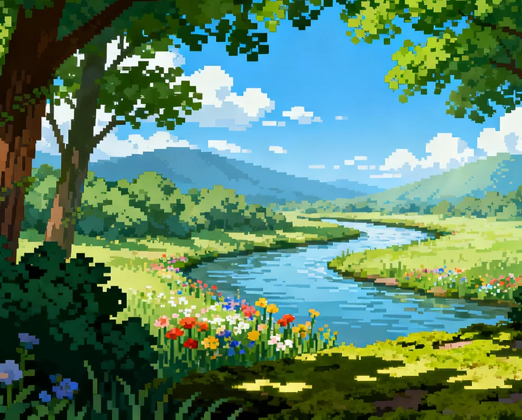 Pixel art landscape of a river winding through a green meadow with colorful flowers, trees, and distant mountains under a blue sky with clouds.