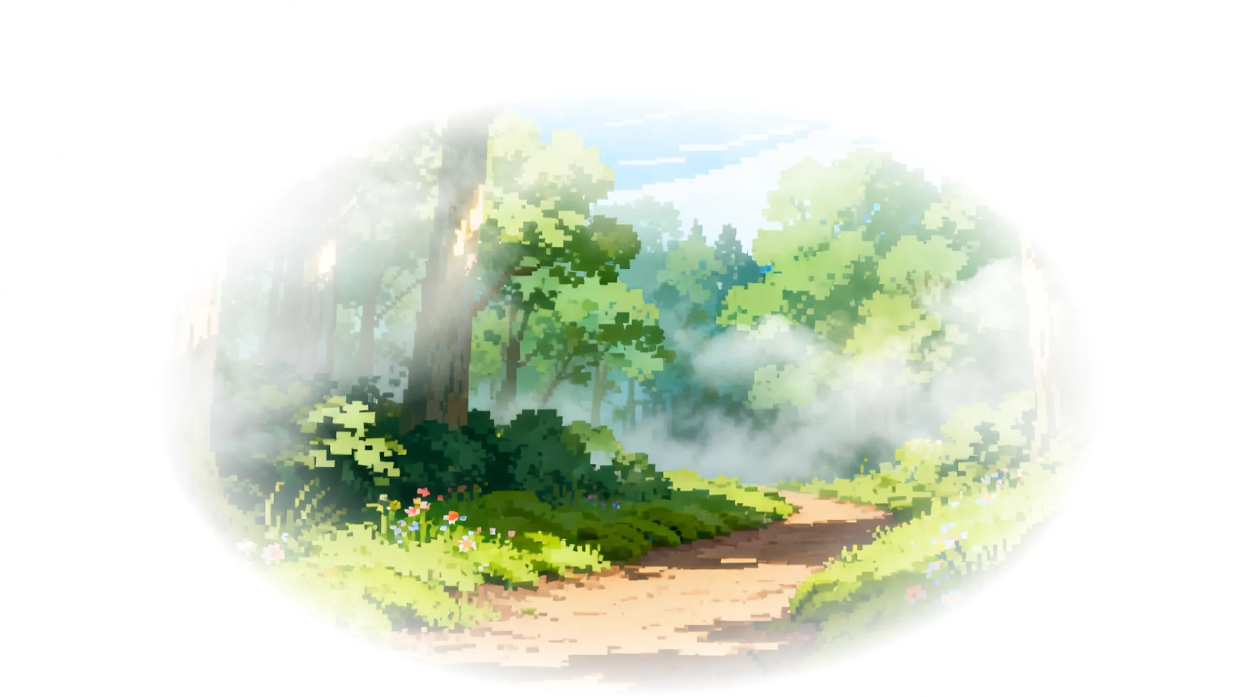 Pixel art style forest scene with a sunlit dirt path, green trees, bushes, flowers, and mist.
