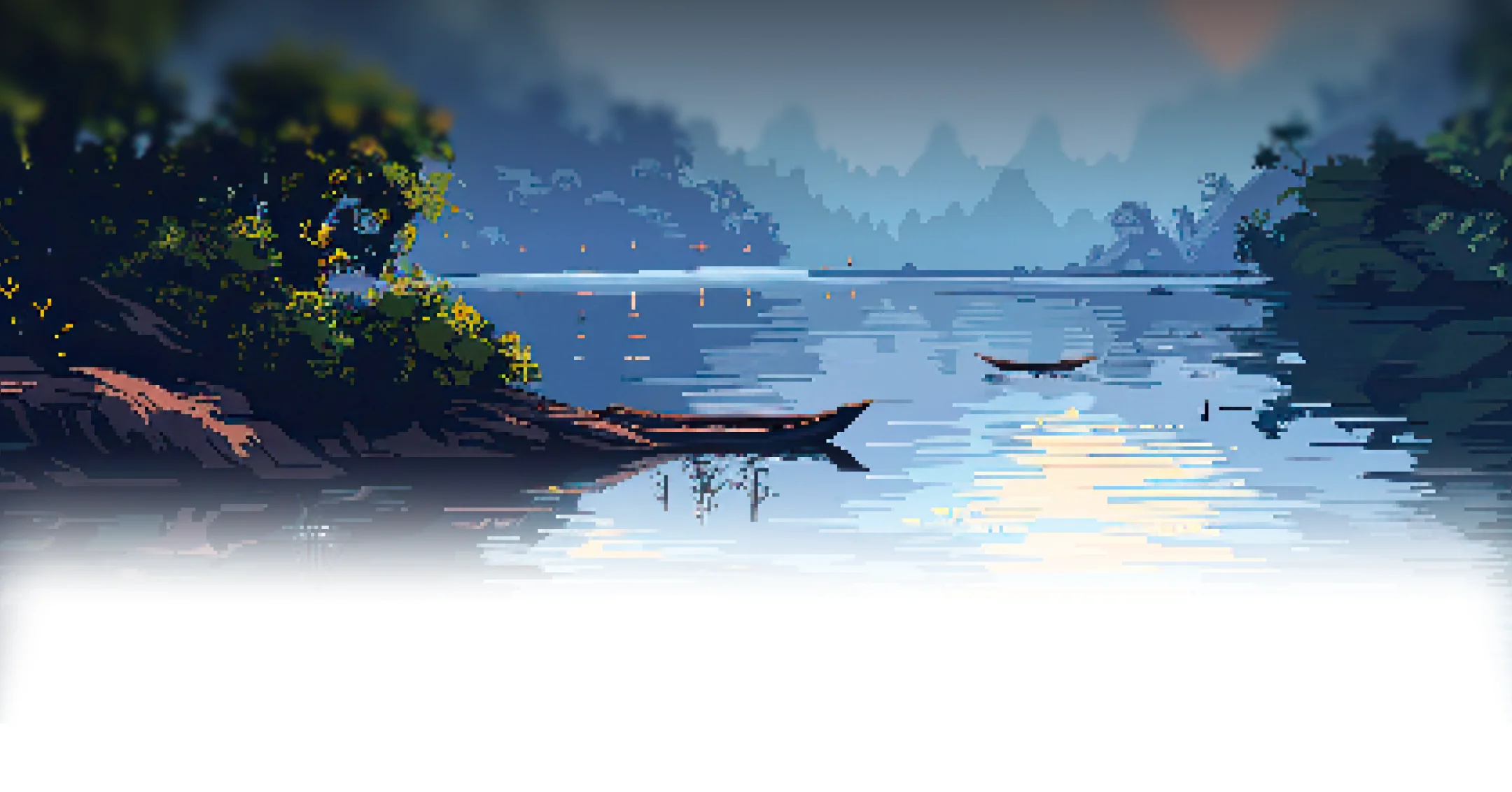 Pixel art of a serene river with two boats and green trees reflecting on calm water at dusk.